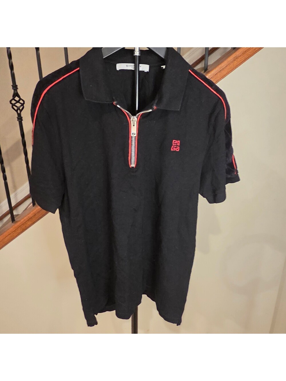 Givenchy Black Polo Shirt with Red Trim and Zip Collar Mens XL